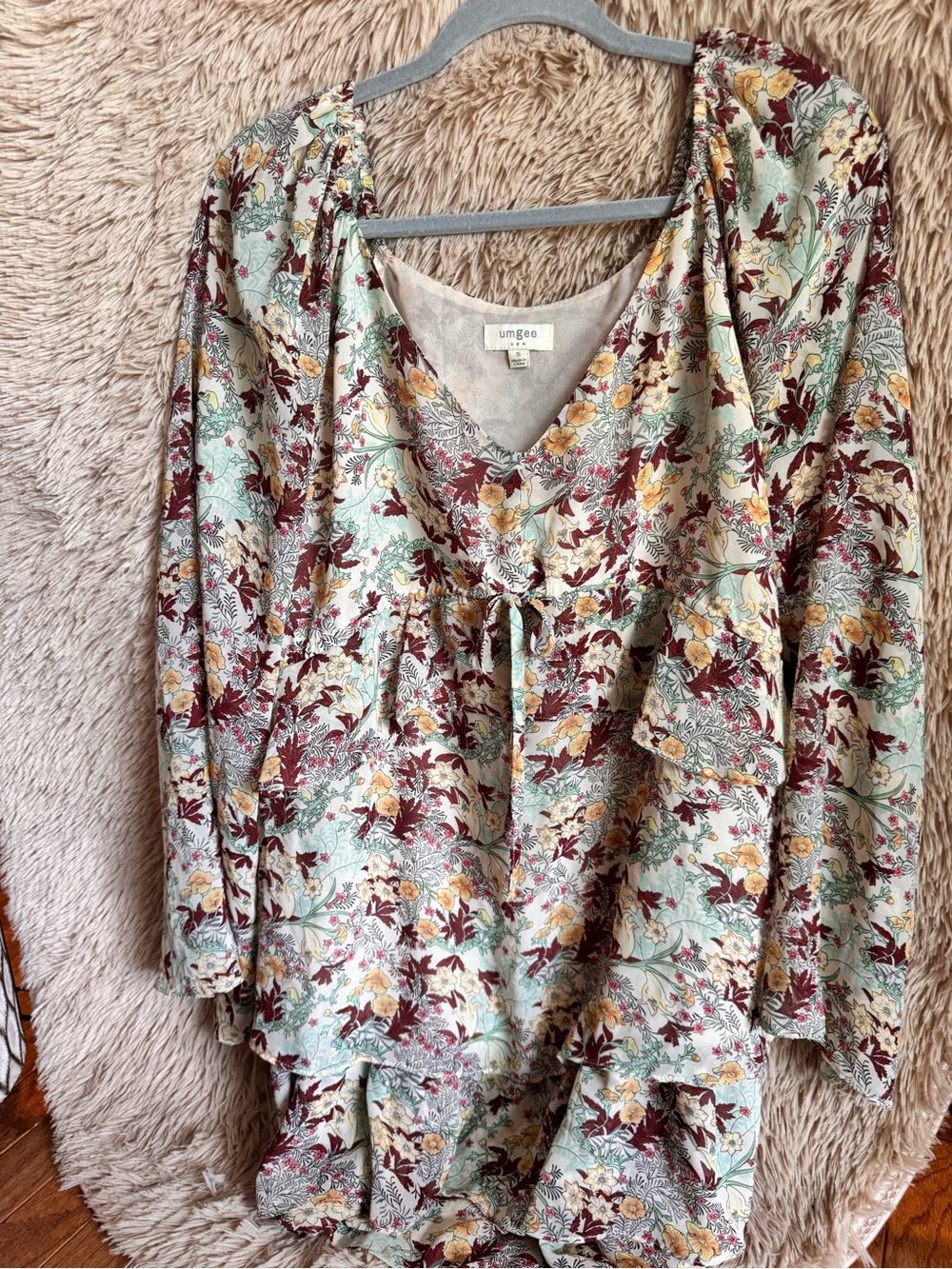 Umgee Mint Floral Mini Dress with Burgundy & Yellow Bloom